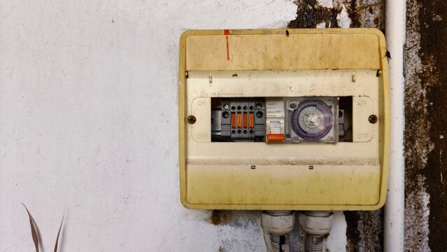 Weathered Outdoor Electrical Box with Analog Timer Switch and Wiring Terminals.