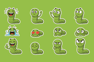 Naklejka premium Set of cartoon green worm stickers expressing various emotions on a green background, vector illustration