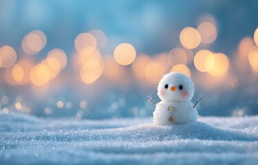 Charming Snowman with Bokeh Glow in Snowy Landscape Winter Background