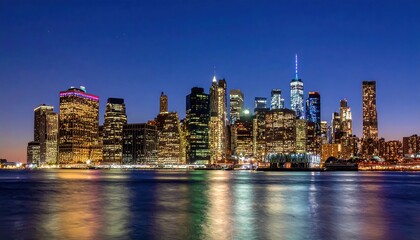 Panoramic city skyline features illuminated modern skyscrapers reflecting on calm water at night. Urban concept