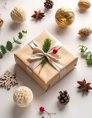 Overhead shot of a beautifully wrapped square package with a satin ribbon and sprig, surrounded by seasonal decor