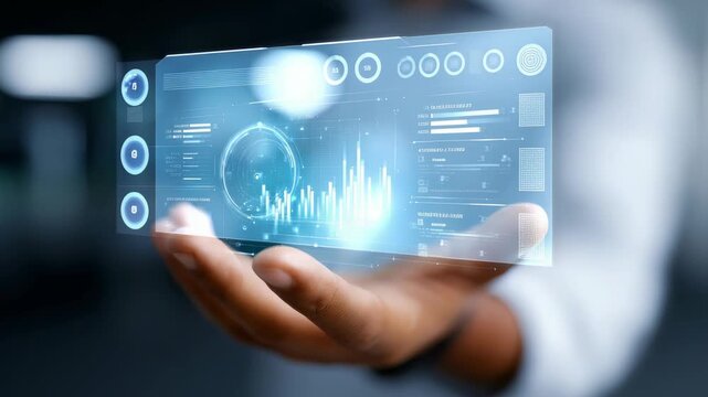 Features hand interacting with virtual interface, highlighting data visualization, digital transformation. Cutting edge technology, analytics are central to futuristic business scene