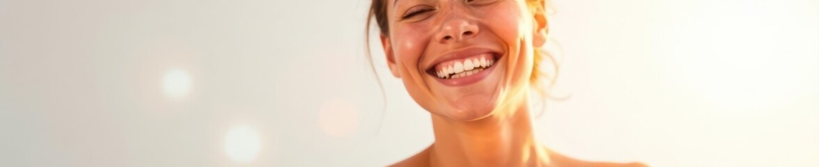 Obraz premium Radiant subject, bright smile against pure white, portrait, lifestyle, vibrant