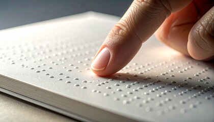 Close-up of a finger reading braille text on a book.
