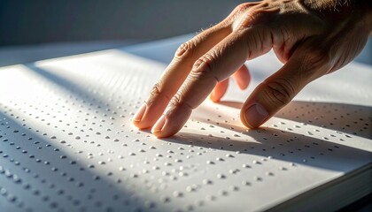 Close-up of a hand reading braille book with sunlight casting shadows.