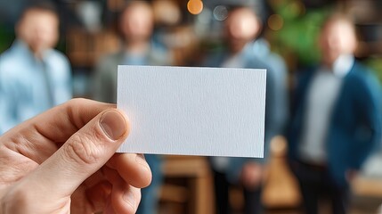 Blank card hand business opportunity teamwork office blurred group people meeting professional creative workspace communication concept planning collaboration modern casual brainstorming success