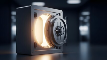Open heavy steel safe door with bright golden light glowing from inside