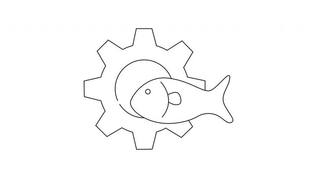 A gear with a fish inside it all in black outline on a white background