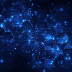 A network of glowing blue hexagons and lines connecting them on a dark background