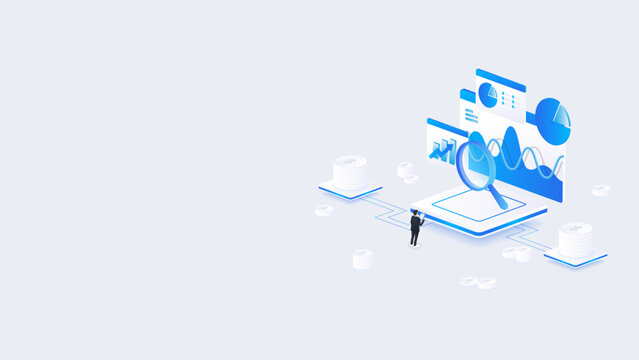 Stock market isometric of financial dashboard data analysis with charts, data search, and financial metrics in blue digital style.
