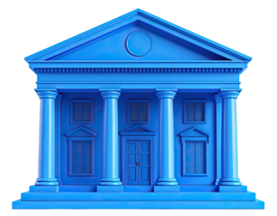 Rendered blue classical building with columns, windows, and a pediment