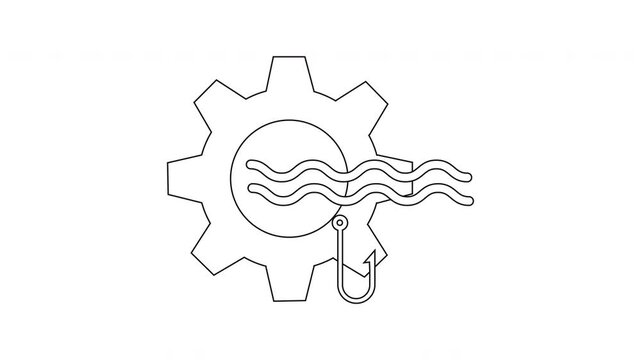 A gear with waves flowing through it and a fishhook suspended below