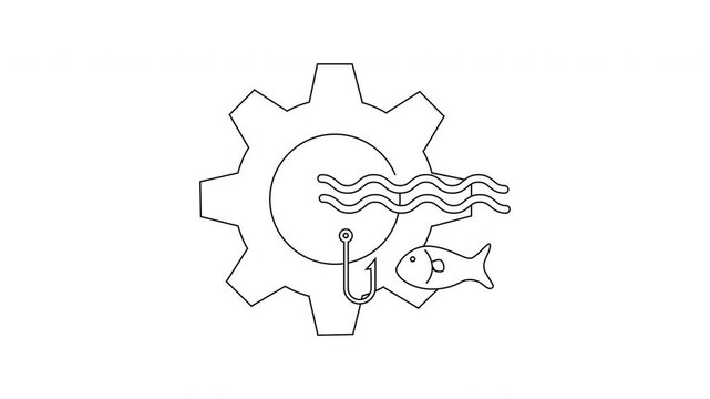 A gear with wavy lines a fishing hook and a fish are shown as a line drawing