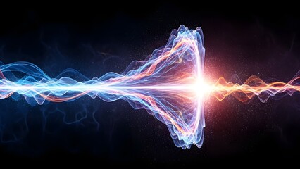 Abstract glowing energy waves colliding with blue and orange light. Digital sound frequency and data flow visualization on dark background