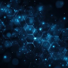 A pattern of glowing blue hexagons linked by lines and small dots set against a dark background with blurred blue bokeh