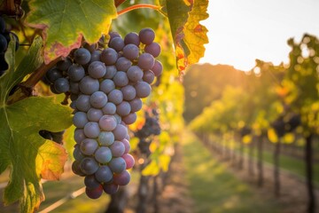 Naklejka premium Close Up of Ripe Red Grapes Hanging on a Vine in a Vineyard at Sunset, Harvest Season and Wine Making Concept