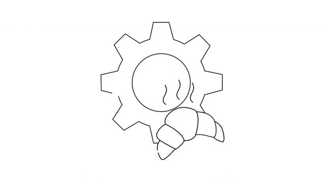 A line drawing depicts a gear with a steaming circle and croissant