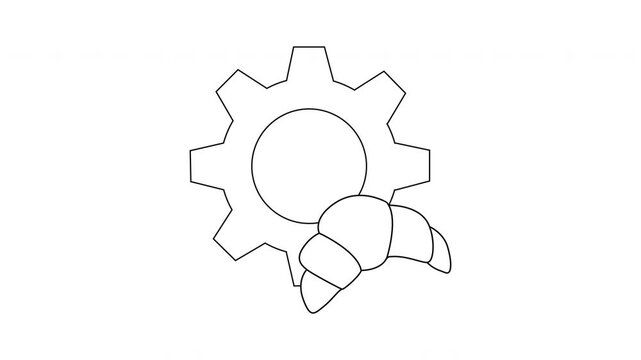 A line art illustration features a gear with a croissant overlapping the bottom portion