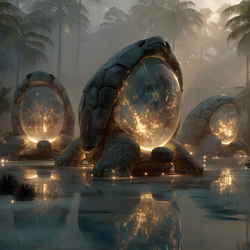Source of Life &middot; Divine Turtles Nurturing Eggs - Chinese Dong Ethnic Creation Myth: Jade Turtles Nurturing Glowing Eggs with Ancestor Silhouettes