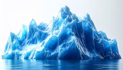 A vibrant, icy blue iceberg with textured surfaces reflects in calm water below