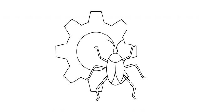 A line drawing features a bug overlaid on a mechanical gear in black and white