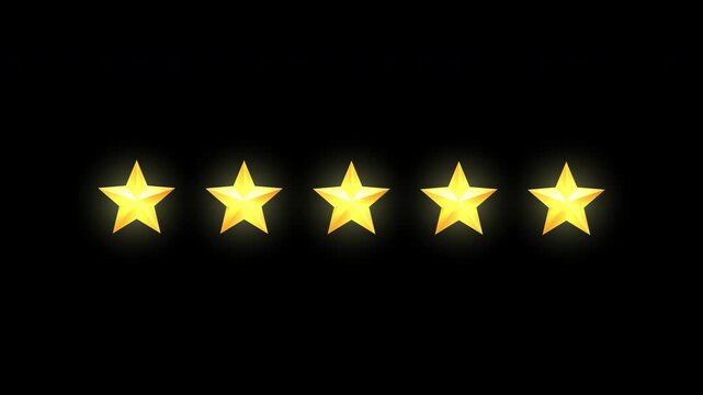 Five stars rating animation. Five golden stars shining on black background, perfect for reviews, testimonials, ratings, feedback, quality assessment, and customer satisfaction concepts.