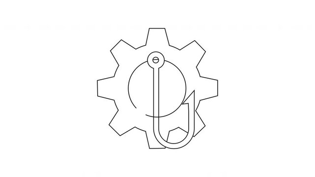 A stylized gear with a fishing hook overlaid depicted in a simple blackline drawing style