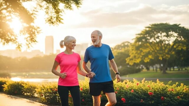 Senior couple jogging in park during sunset