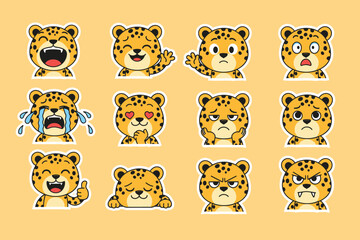 Obraz premium Cute cartoon leopard character set with various emotions: happy, sad, angry, surprised, in love, crying stickers on yellow background.
