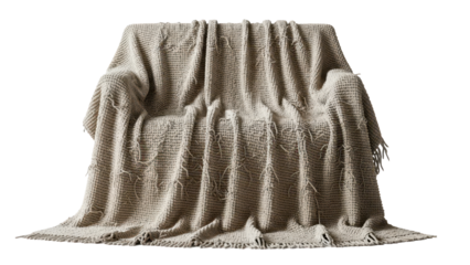 Textured beige throw blanket draped casually over a furniture piece isolated on white background