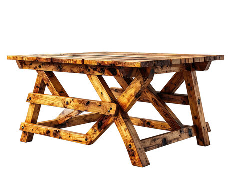 A handcrafted, wooden table with an intricate trestle leg design