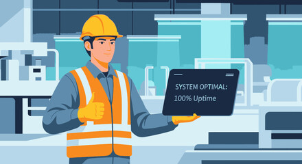 An industrial worker in safety gear holds a tablet displaying 'SYSTEM OPTIMAL! 100% Uptime,' signifying efficient operations and advanced tech monitoring.