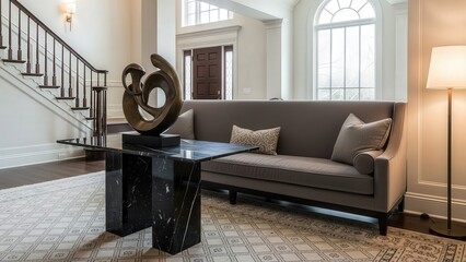 Contemporary Living Room Interior with Sofa and Staircase.