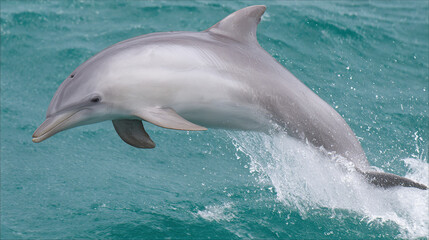 Fototapeta premium cetacean. Dolphin leaping from turquoise ocean waters, dynamic marine life in motion. wildlife magazines, conservation campaigns, designed for nature documentaries and education. 