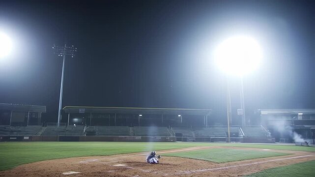 A lone baseball player at night, lit by bright stadium lights, with empty grandstands