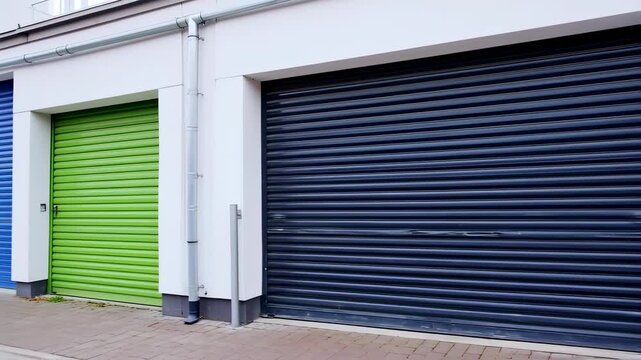 Exterior view of adjacent garages with roller doors in green and blue, a white wall, and guttering