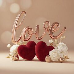 Rose Gold Love Word Art with Red Hearts and White Roses graphic design isolated on a transparent background
