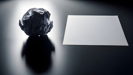 A crumpled dark paper ball next to a pristine white sheet on a reflective surface.