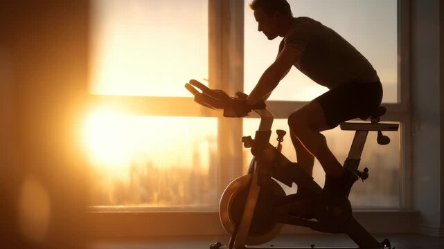 Man working out on a stationary bike in a sunlit gym, captured in silhouette against a glowing sunrise. Early morning exercise routine promotes wellness and active living
