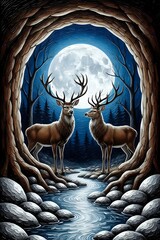 Deer in forest and  moon, the tree
