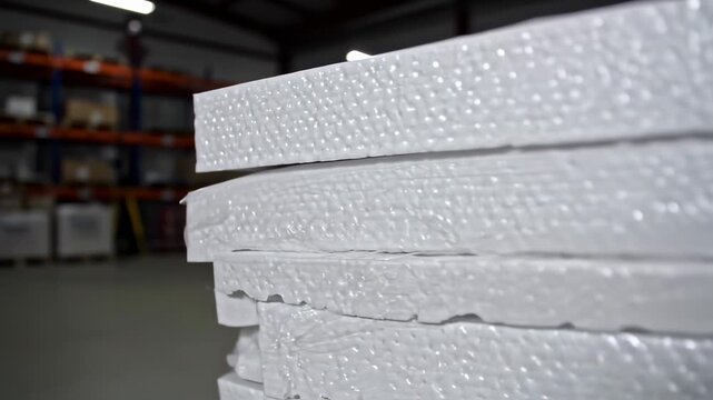 Stacked rectangular white objects with textured surface, warehouse background