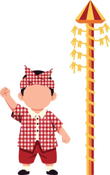 Child celebrating indonesian independence day beside a panjat pinang pole. Suitable for cultural events, school projects, and educational materials.
