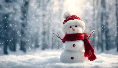 Fototapeta premium Cute snowman wearing red hat and scarf waving in snowy winter night scene