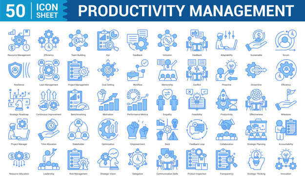 Productivity Management blue style editable Icon Set Collection Concept With Icon Of resource management, efficiency, team building, feedback, inclusion, feedback. Illustration eps 10