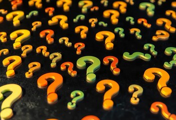 Intriguing background of numerous question marks on a dark surface,  mystery,  riddle