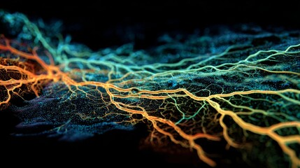 Mycelium network with bioluminescent neural pathways glowing