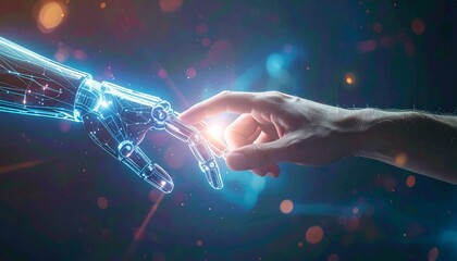Fototapeta premium The convergence of humanity and artificial intelligence, illustrating the futuristic interaction between human touch and technology