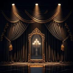 Opulent golden mirror with luxurious drapes under theatrical spotlights