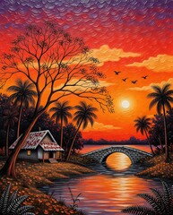 Rural village and sunset over the river
