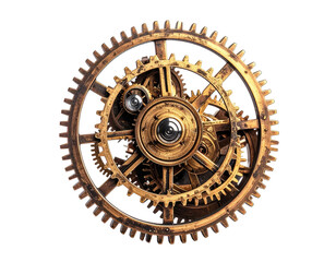 Complex assemblage of aged gears against a stark black background